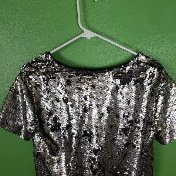 Anthropologie Vanessa Virginia Trendy Silver Sequin Short Sleeve Shirt Size  XS - Picture 4 of 10
